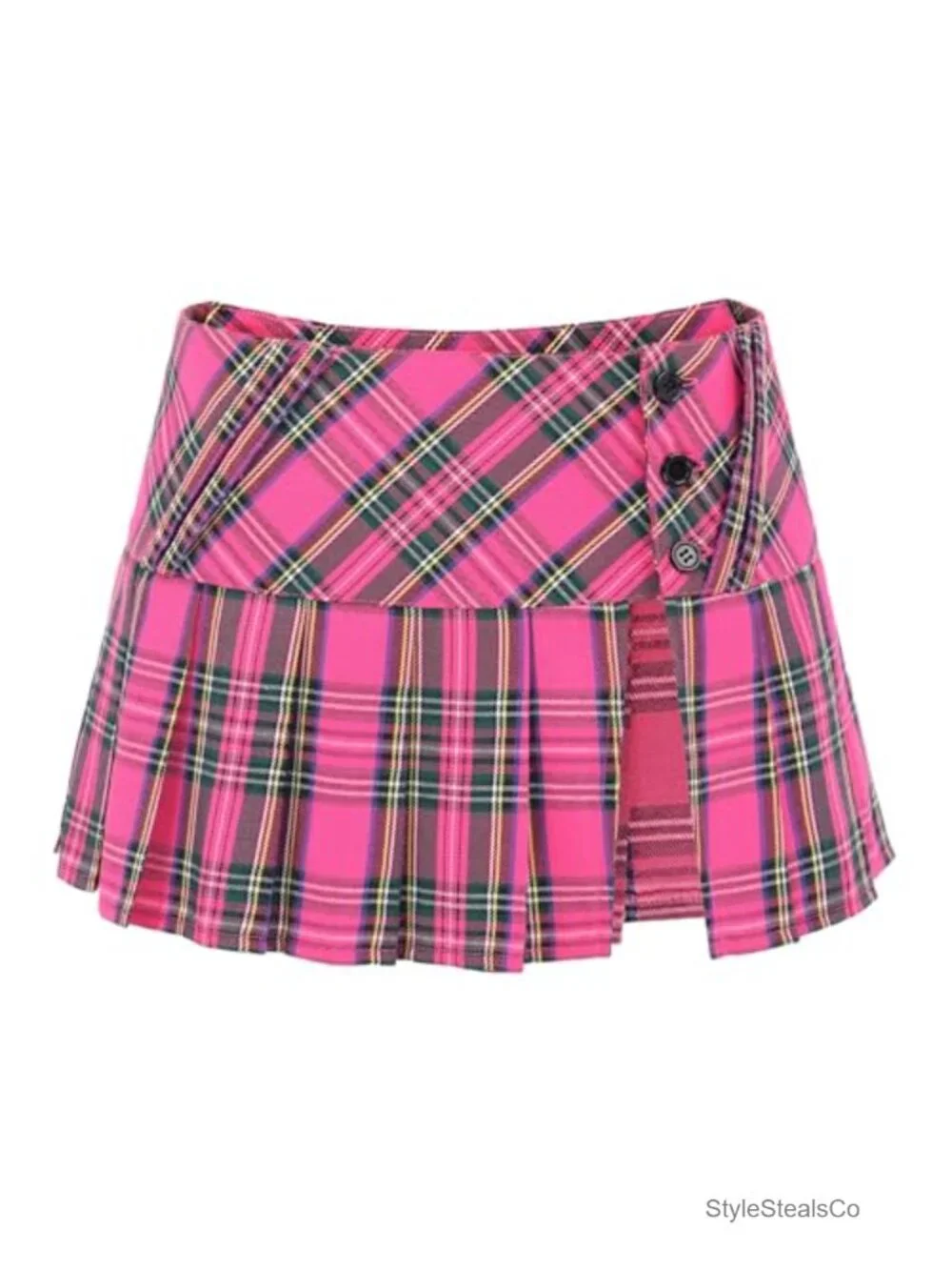 Mini Plaid Pleated Skirt Low Waist Slit Schoolgirl Uniform Polyester